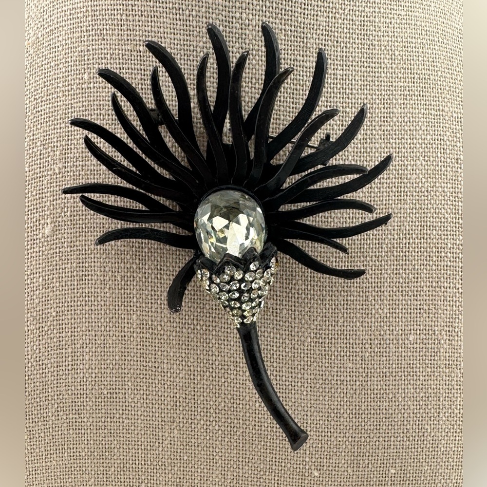 Hattie Carnegie Vintage Japanned Metal and Rhinestone Brooch